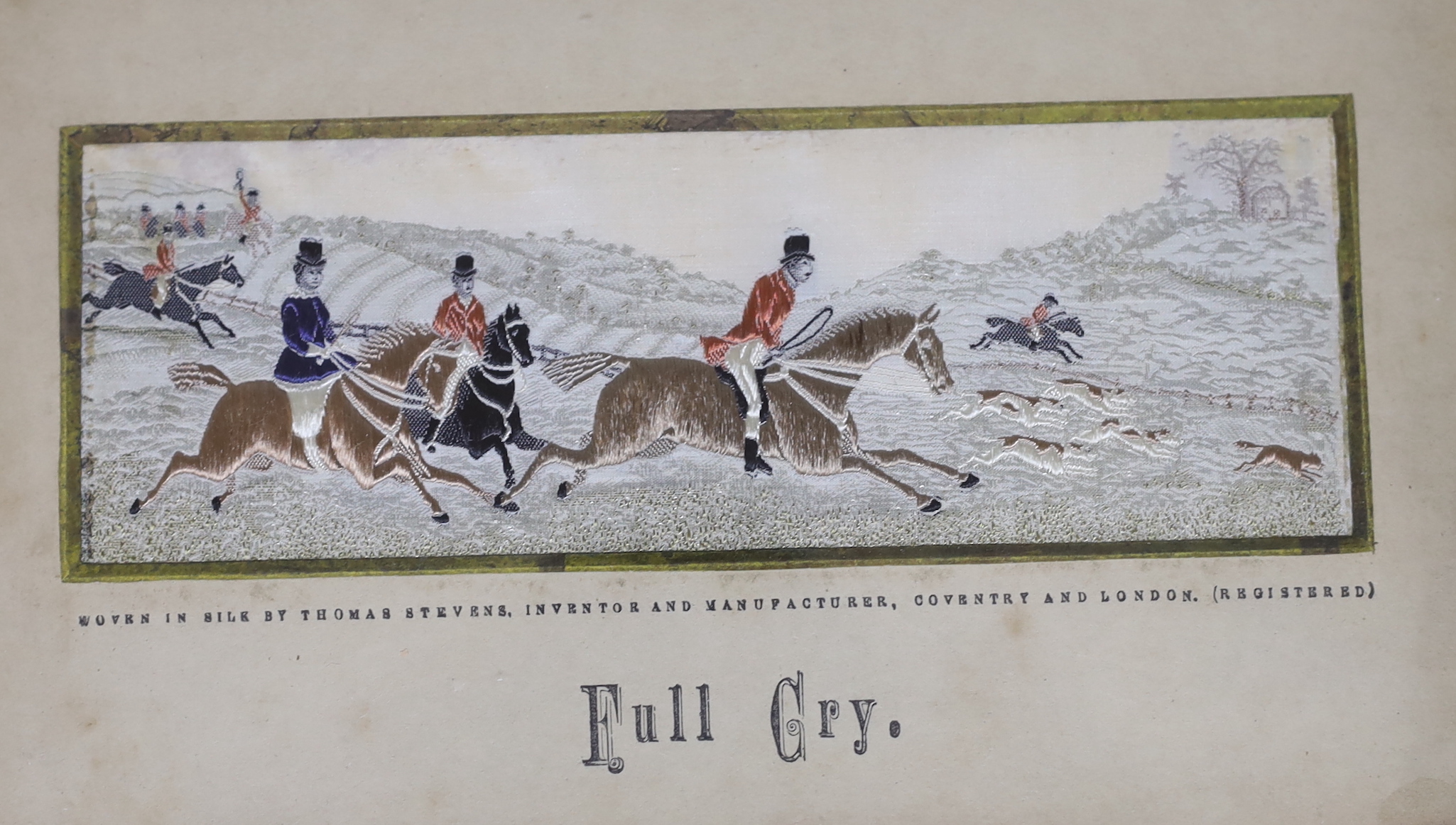 A group of four framed Victorian stevengraphs including The Meet and Good Old Days, each overall 22.5cm x 15.5cm